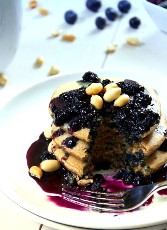 Oatmeal Peanut Butter Pancakes with Blueberry Glaze